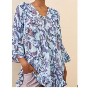 Anthropologie Breezy Sheer Tunic Blouse in Blue Motif – Size Medium